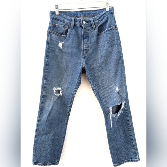 Levi's 501 Button Fly High Rise Cropped 27 Distressed Denim - Picture 1 of 6